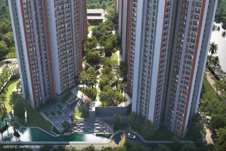 DTC Downtown Rajarhat aerial view showing residential towers, landscaped gardens and open green spaces