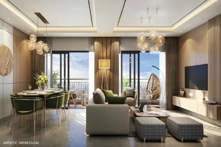 luxury living room interior in DTC Downtown Rajarhat with modern furniture, balcony view and premium design
