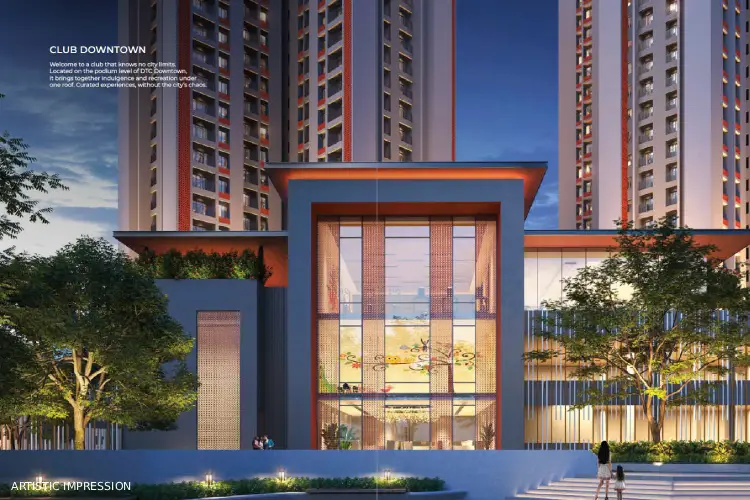 DTC Downtown Rajarhat clubhouse exterior modern architecture with glass facade and entrance plaza