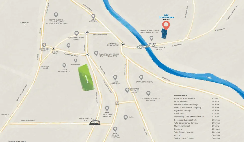 location map of DTC Downtown Rajarhat Kolkata with nearby schools, hospitals and business parks
